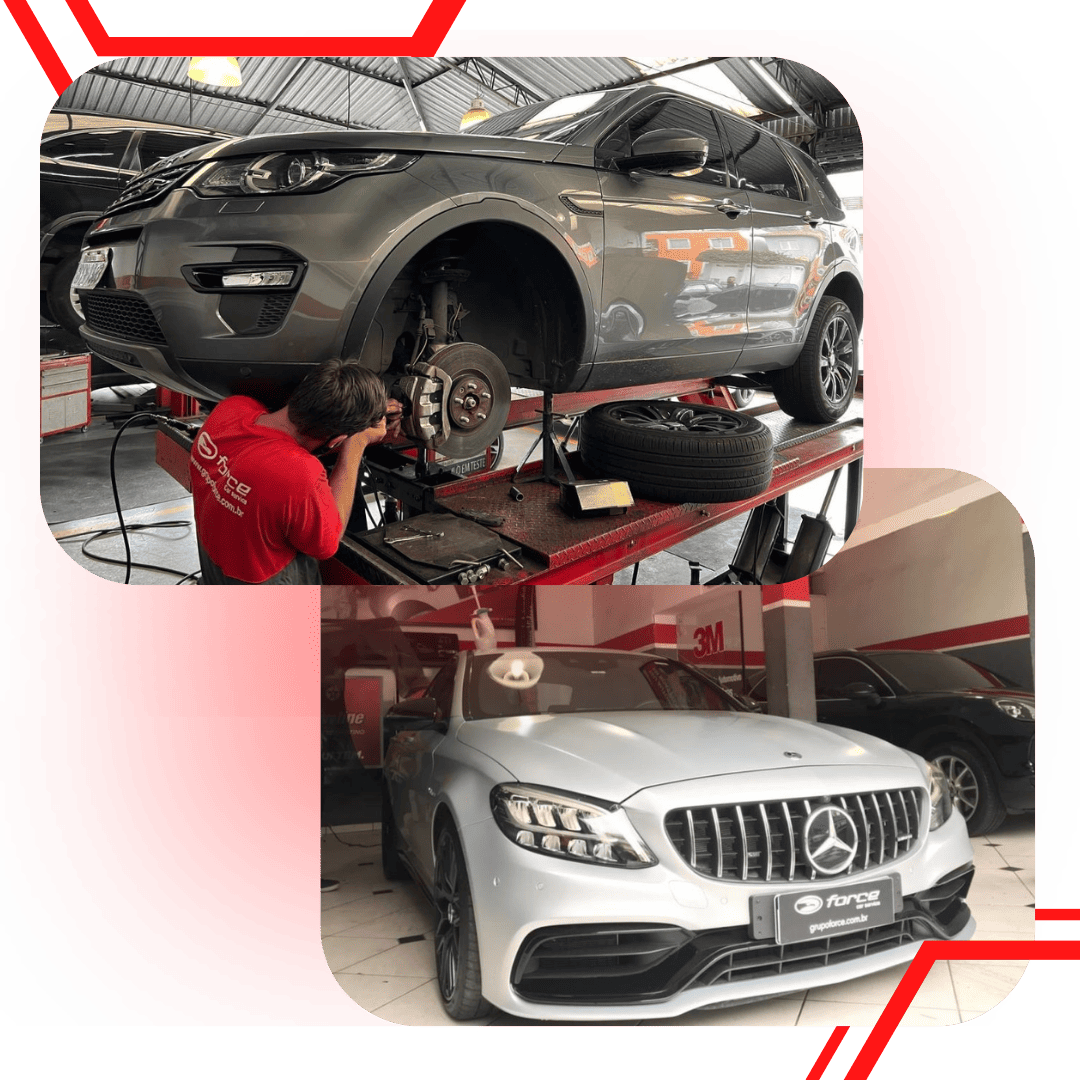 Colagem de fotos da oficina Force Car Service: mecânico com uniforme vermelho realizando manutenção no freio de uma SUV cinza elevada sobre plataforma de elevador automotivo, e carro esportivo prata Mercedes-AMG estacionado dentro da oficina com piso de ladrilhos, elementos gráficos vermelhos diagonais decorativos ao redor das fotos